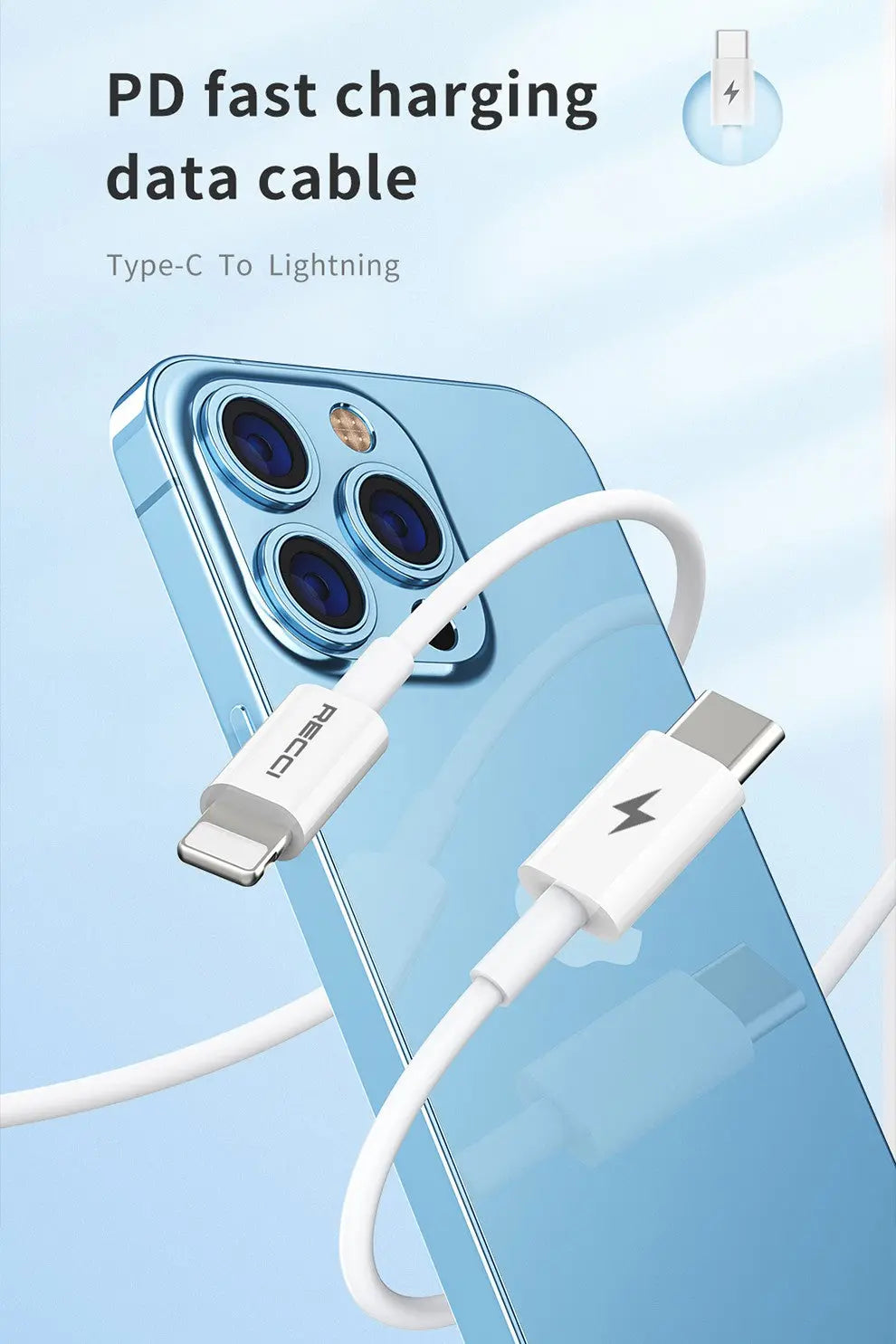 Recci USB C to Lightning 1M PD 20W Fast Charging 3A Cable RS06CL Tech House Singapore