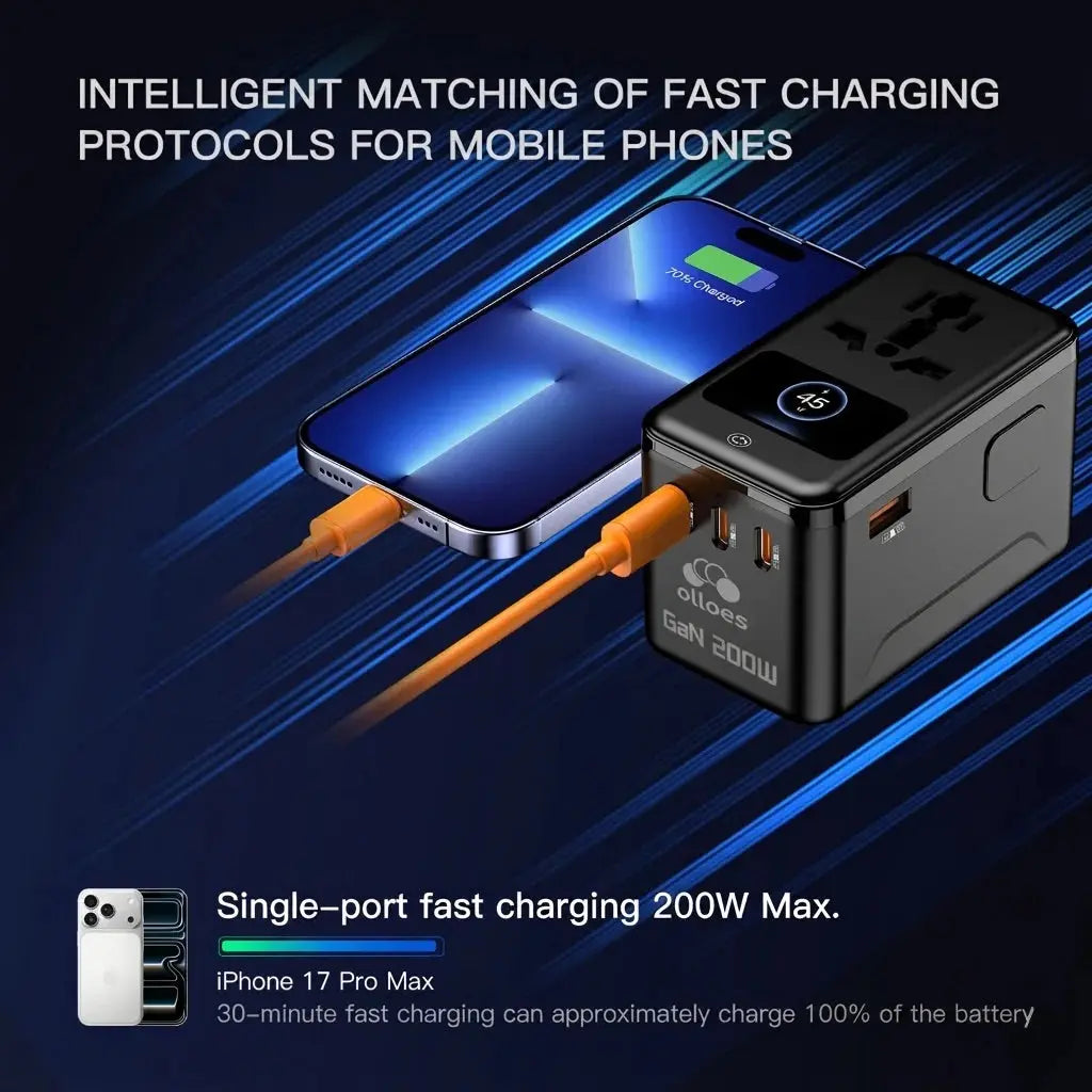 OLLOES GaN 200W Universal Travel Adapter with Smart Digital Display 3 x USB-C 1 x USB-A Fast Charging Tech House Singapore