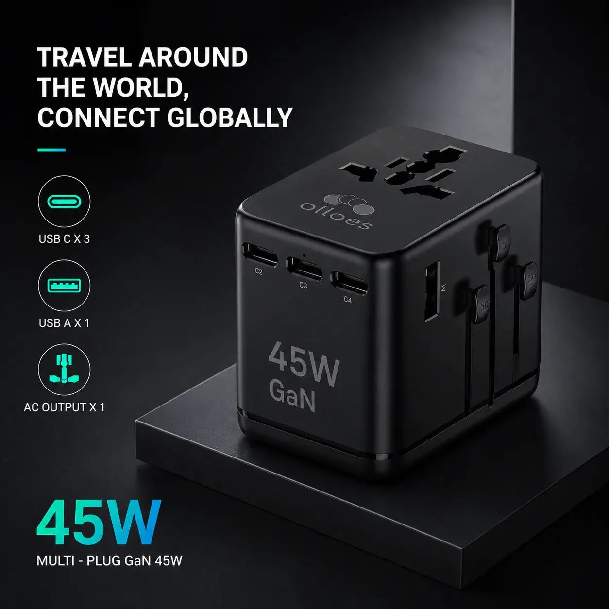 OLLOES GaN 45W Universal Travel Adapter with Extra US/EU Plug 3 x USB-C 1 x USB-A GaN Fast Charging Tech House Singapore