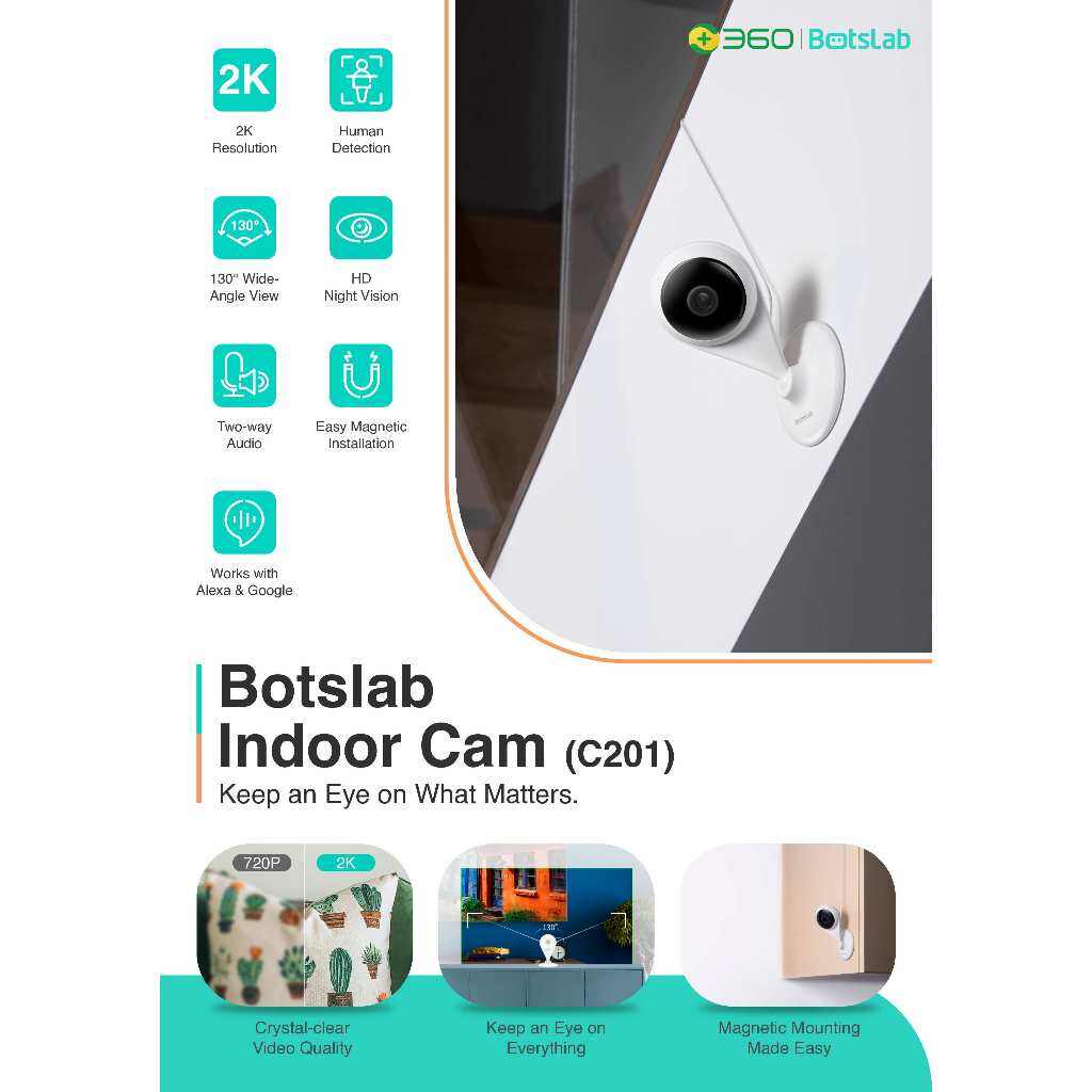 Botslab Indoor Cam 2K, 130° Wide Angle View CCTV Wireless Camera Botslab