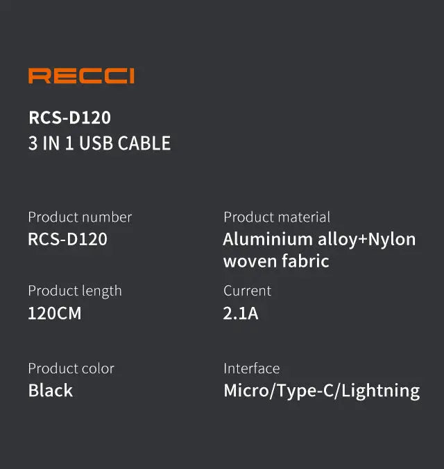 Recci 3 in 1 Cable 1.2M RCS-D120 Tech House Singapore