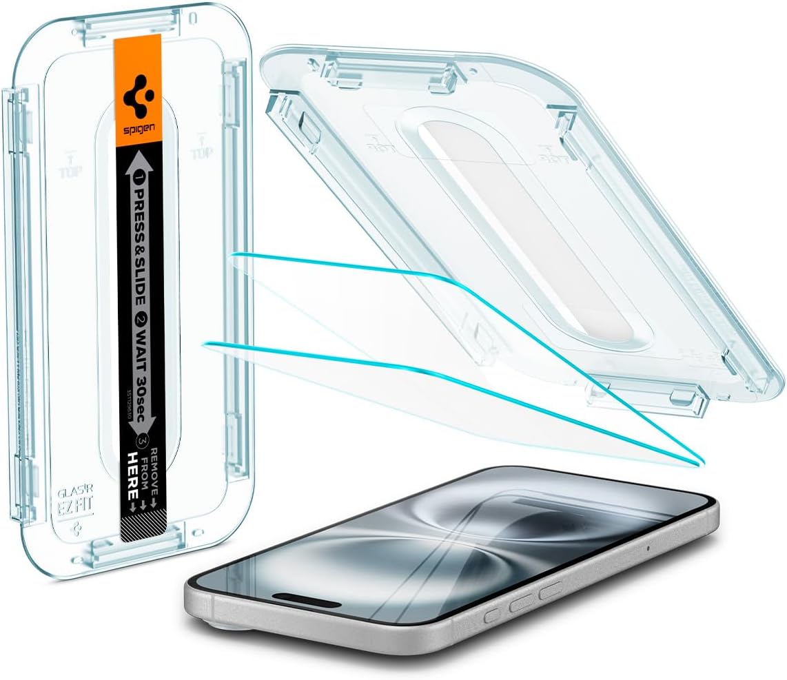 Spigen [2 Pack] iPhone 16 Plus / iPhone 15 Plus Screen Protector Glas.tR EZ Fit Spigen