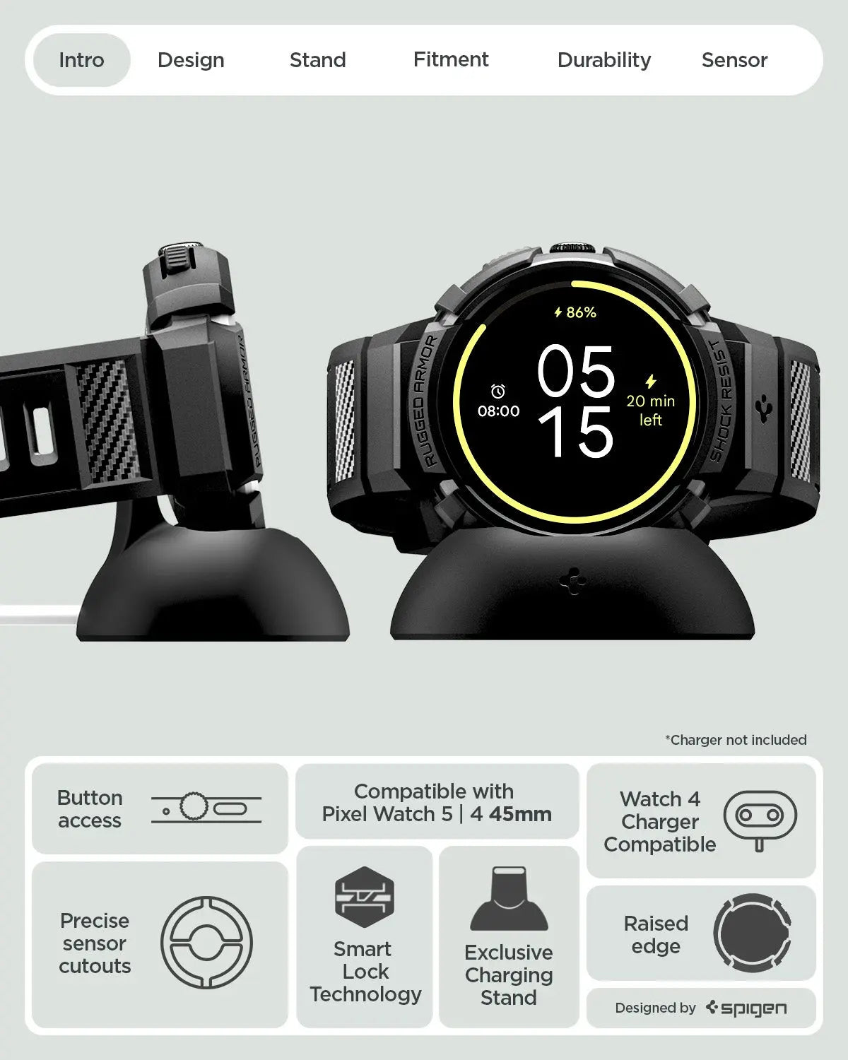 Spigen Google Pixel Watch 5 / 4 Case (45mm) Rugged Armor Pro with Charger Stand Spigen Singapore Singapore