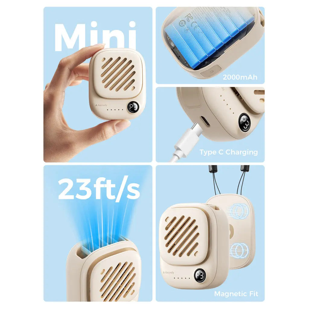 Aecooly Mini Portable Neck Fan, Mighty Hands Free Fan, Magnetic Fit Click 01 USB Rechargeable 10H Max Portable Fan Tech House Singapore