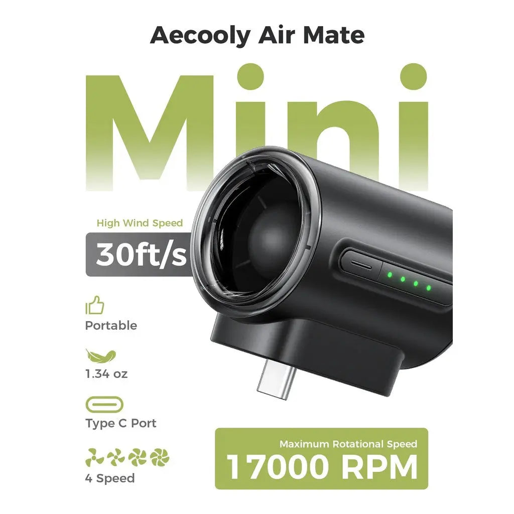 Aecooly Powerful Type C Phone Fan Air Mate 17000 RPM High Speed 4 Speed Mini Universal Portable USB C Port Fan Tech House Singapore