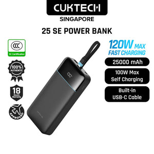 [CCC Power Bank] CUKTECH 25 SE Power Bank 25000mAh 120W Fast Charging Built-in USB-C Cable Power Bank Portable Charger Tech House Singapore