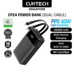 [CCC Power Bank] CUKTECH CP24 Dual Power Bank 20000mAh 40W Fast Charging Built-in Dual Cables Powerbank Portable Charger Tech House Singapore