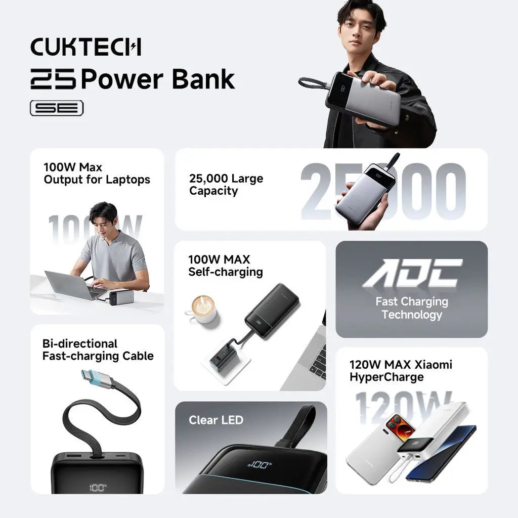 [CCC Power Bank] CUKTECH 25 SE Power Bank 25000mAh 120W Fast Charging Built-in USB-C Cable Power Bank Portable Charger Tech House Singapore