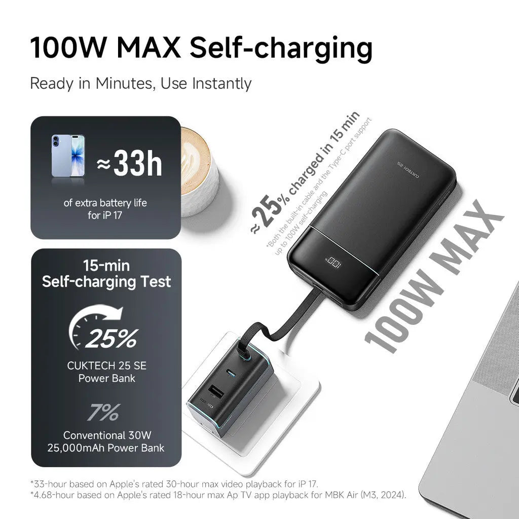 [CCC Power Bank] CUKTECH 25 SE Power Bank 25000mAh 120W Fast Charging Built-in USB-C Cable Power Bank Portable Charger Tech House Singapore