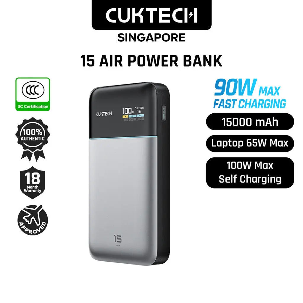 [CCC Power Bank] CUKTECH 15 Air Power Bank 90W Fast Charging 15000mAh Powerbank Portable Charger Tech House Singapore