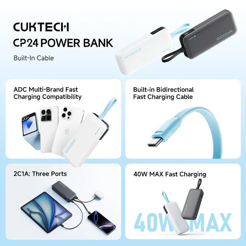 [CCC Power Bank] CUKTECH CP24 Power Bank 20000mAh 40W Fast Charging Built-in USB-C Cable Powerbank Portable Charger Tech House Singapore