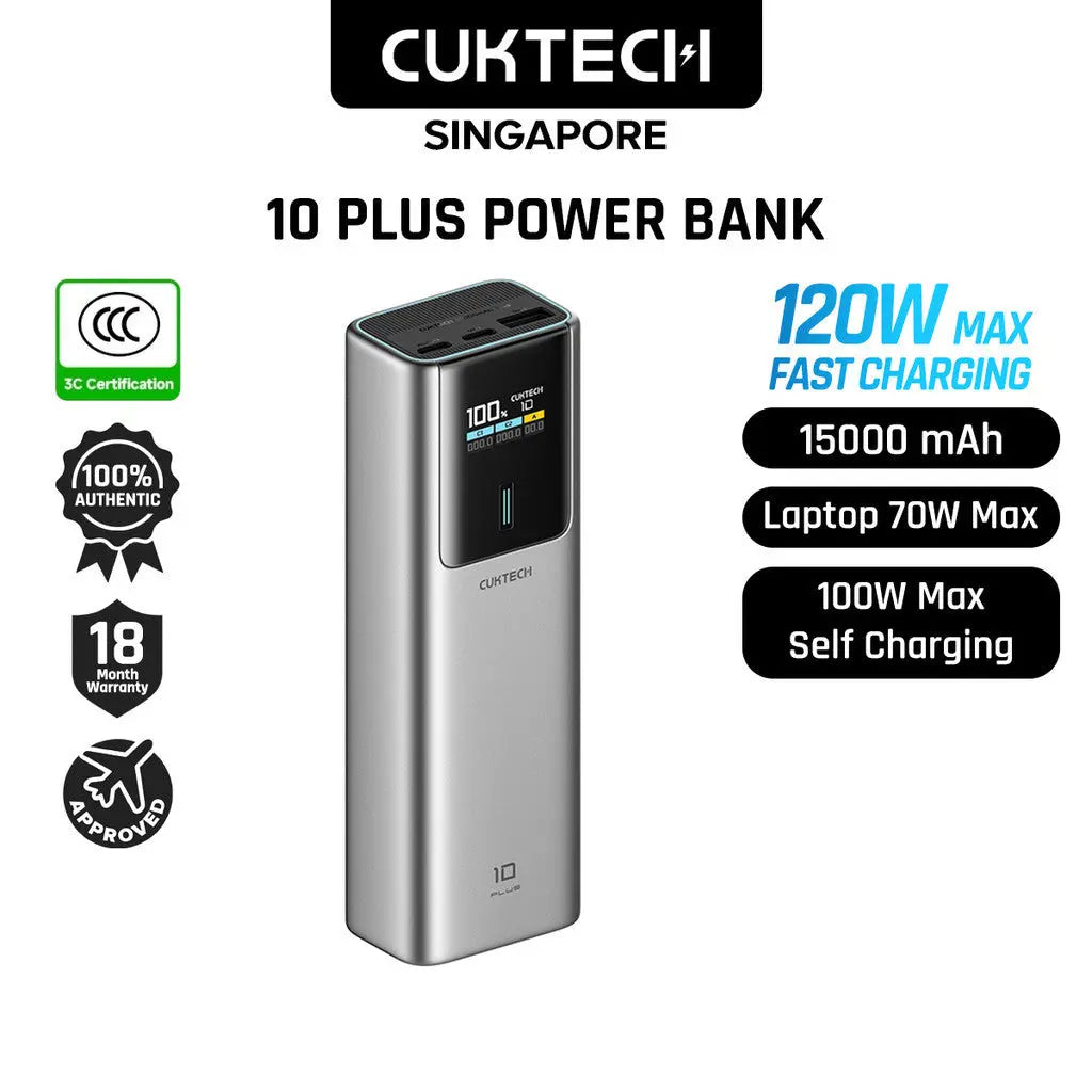 [CCC Power Bank] CUKTECH 10 Plus Power Bank 120W Fast Charging 15000mAh Powerbank Portable Charger Tech House Singapore