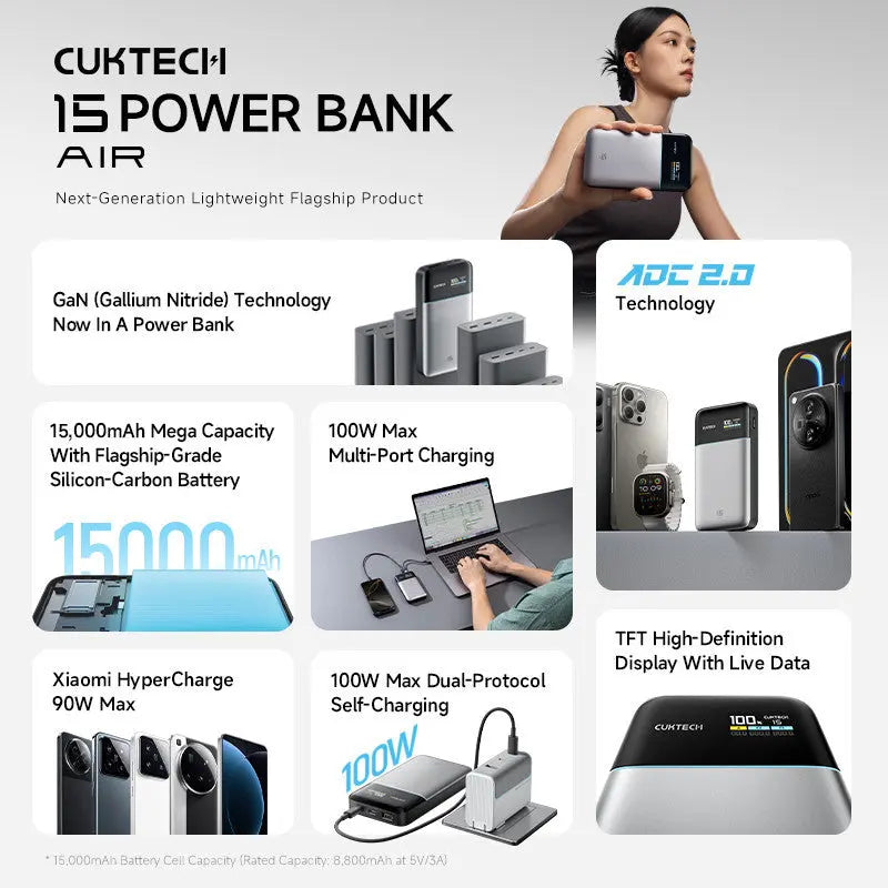 [CCC Power Bank] CUKTECH 15 Air Power Bank 90W Fast Charging 15000mAh Powerbank Portable Charger Tech House Singapore
