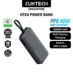 [CCC Power Bank] CUKTECH CP24 Power Bank 20000mAh 40W Fast Charging Built-in USB-C Cable Powerbank Portable Charger Tech House Singapore