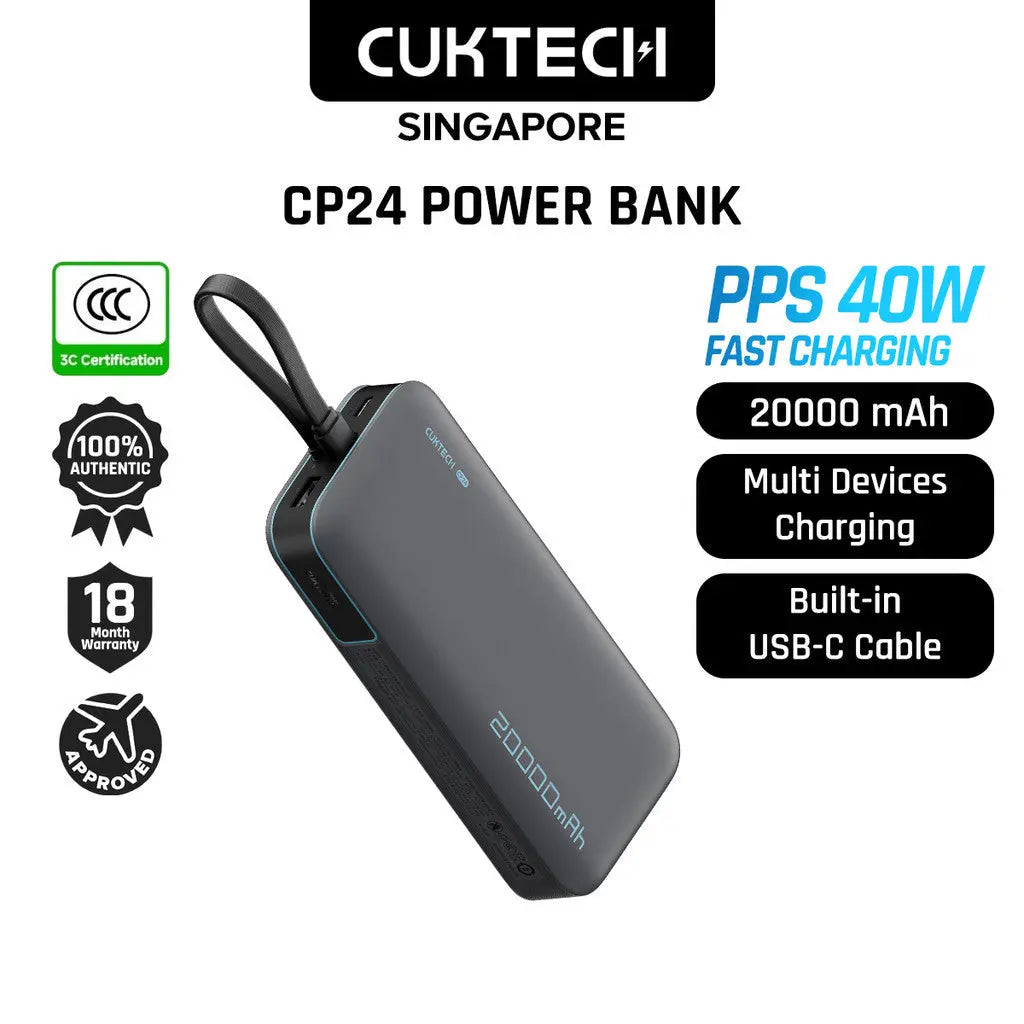 [CCC Power Bank] CUKTECH CP24 Power Bank 20000mAh 40W Fast Charging Built-in USB-C Cable Powerbank Portable Charger Tech House Singapore