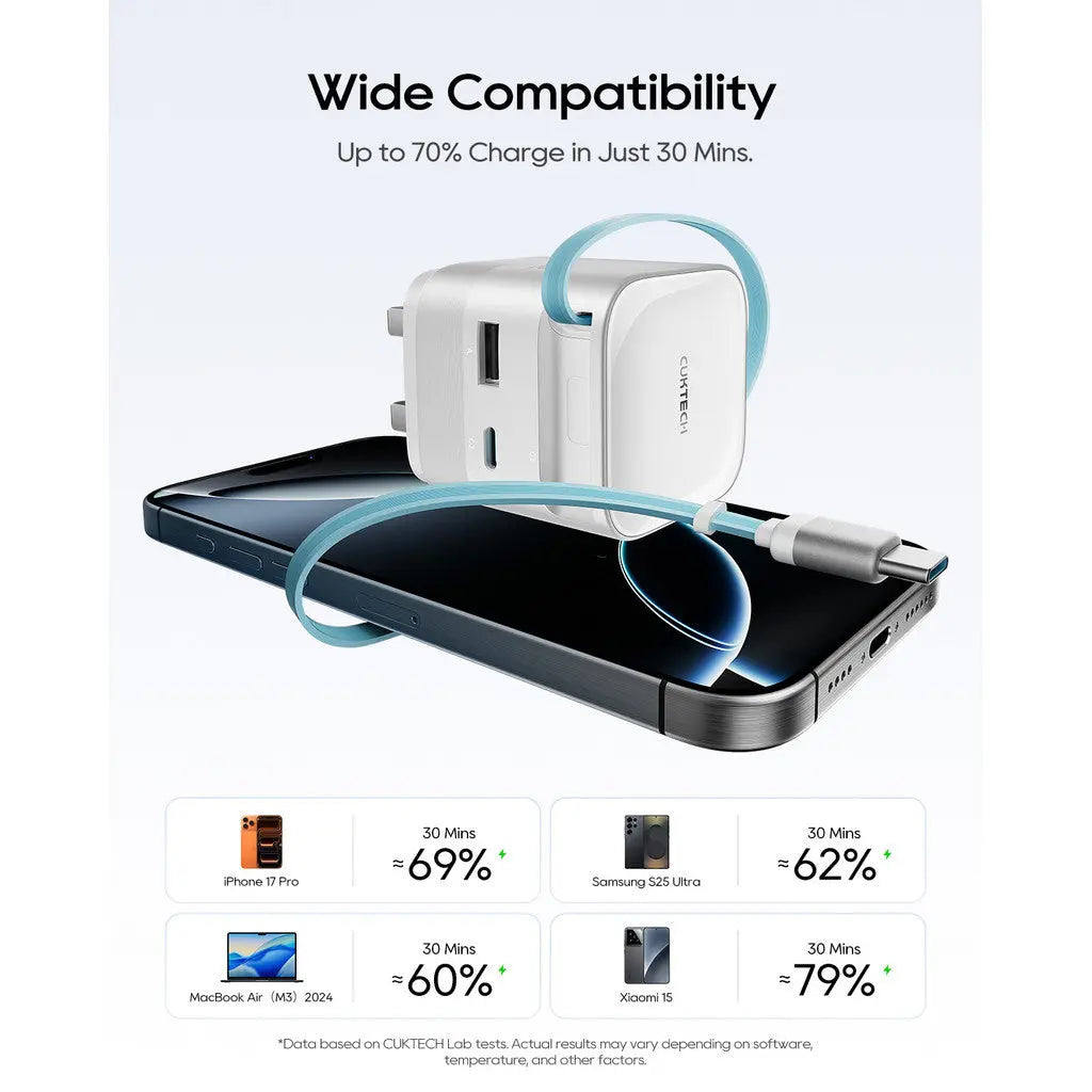CUKTECH 67W CP6 GaN Charger Fast Charging Built-in Retractable USB-C Cable PPS Wall Charger Tech House Singapore