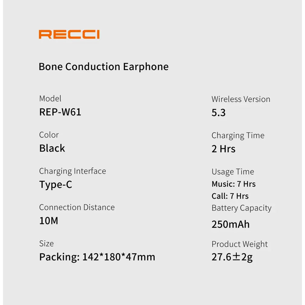 Recci Vogue Bone Conduction Bluetooth Earpiece Wireless Earphones REP-W61 Tech House Singapore