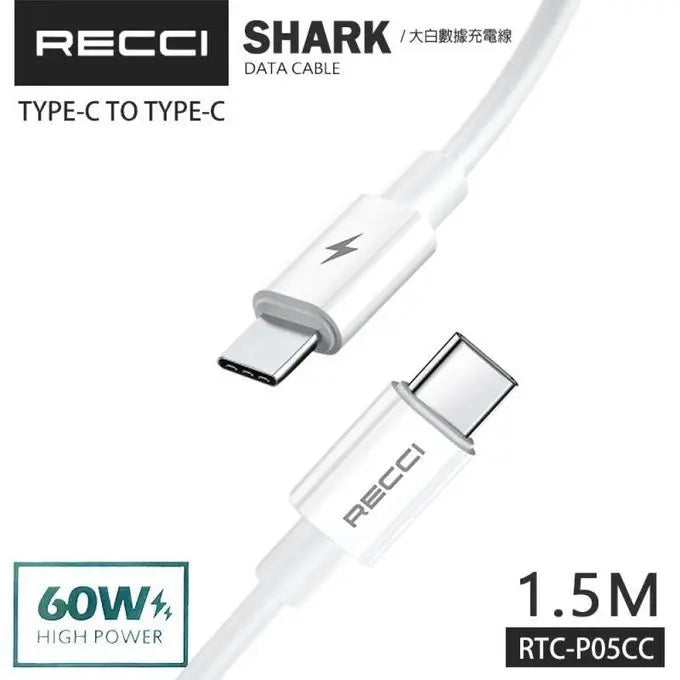 Recci Shark Type-C To Type-C Cable PD 60W Cable 1.5M RTC-P05CC Tech House Singapore