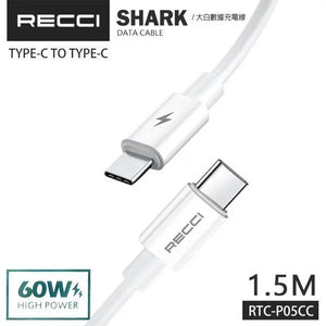 Recci Shark Type-C To Type-C Cable PD 60W Cable 1.5M RTC-P05CC Tech House Singapore