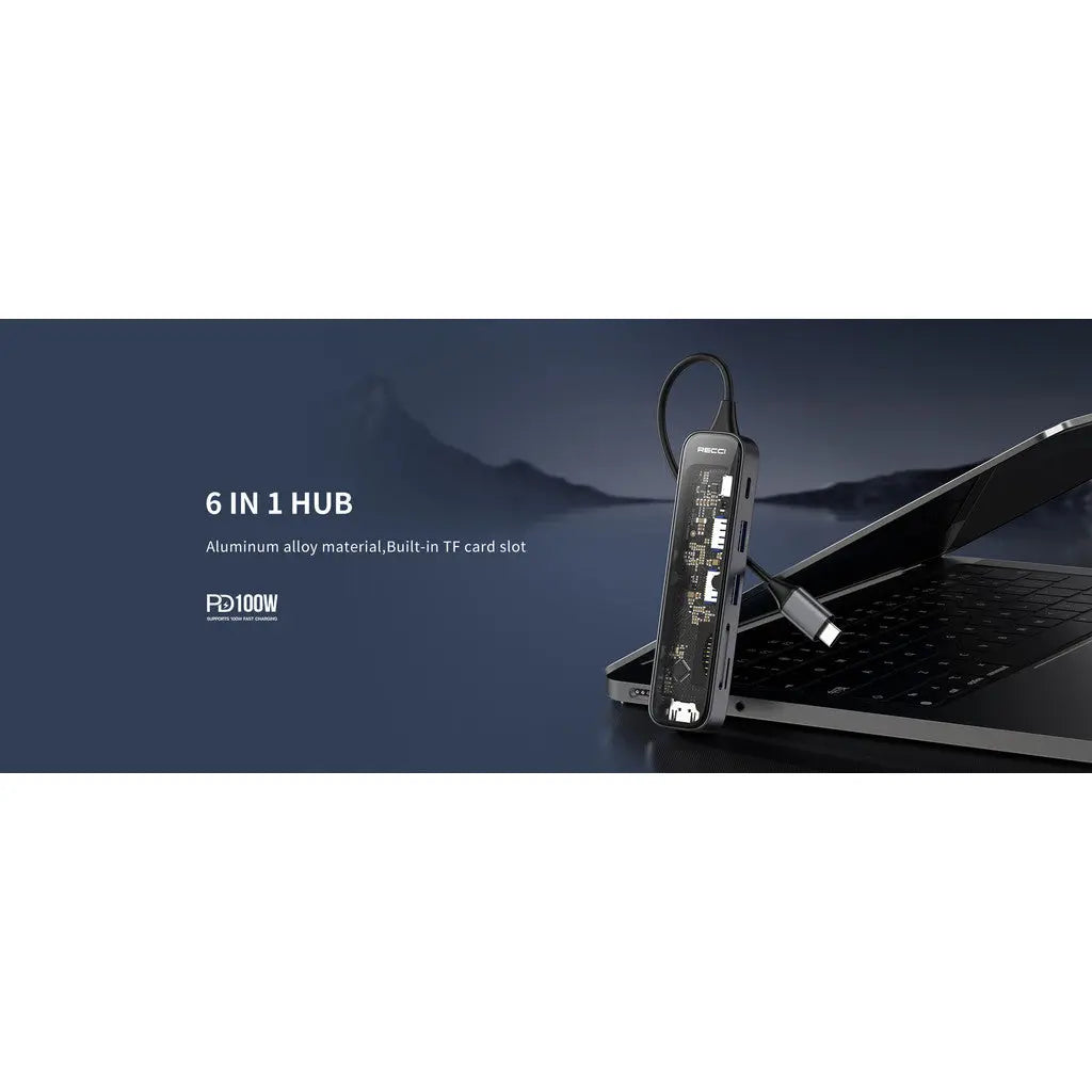 Recci 6 in 1 USB Hub PD 100W Fast Charging USB Hub RH21 Tech House Singapore