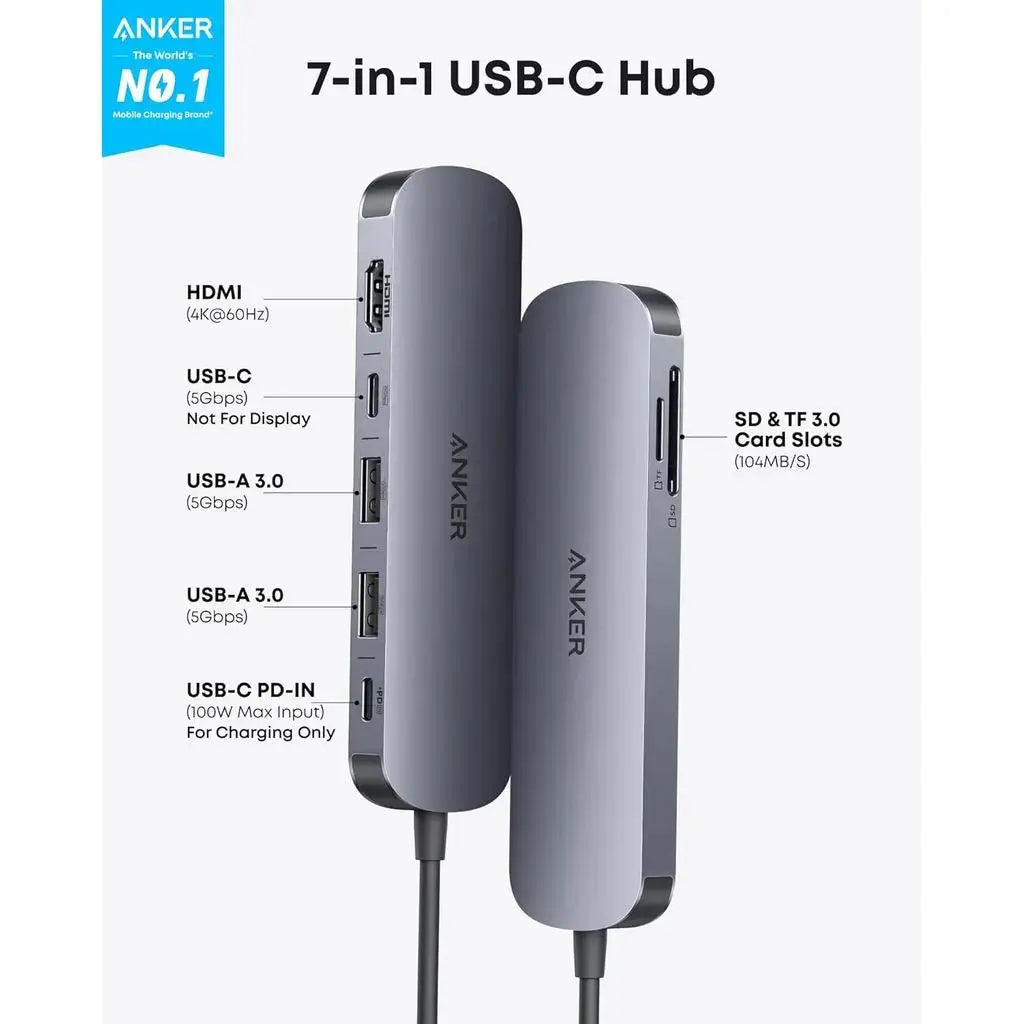 Anker USB C Hub 7-in-1 Multi-Port USB Adapter 4K 60Hz HDMI 85W Power Delivery USB C SD Card A83D2 Tech House Singapore