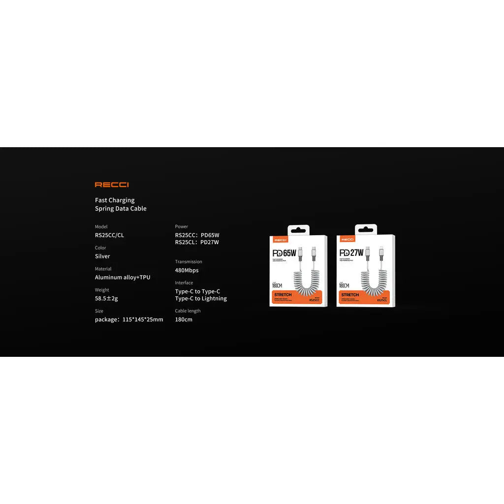 Recci PD 27W Type C To 8-Pin Cable Cable 1.8m Up to 480Mbps RS25CL Tech House Singapore