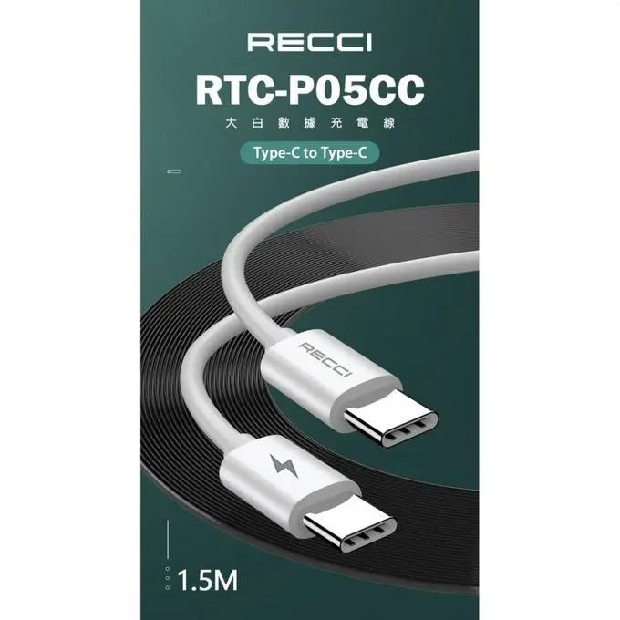 Recci Shark Type-C To Type-C Cable PD 60W Cable 1.5M RTC-P05CC Tech House Singapore