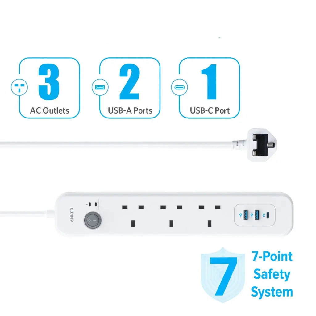 Charger Extension Cod with USB & USB C Extension Socket Power Strip A9136 - Anker Singapore