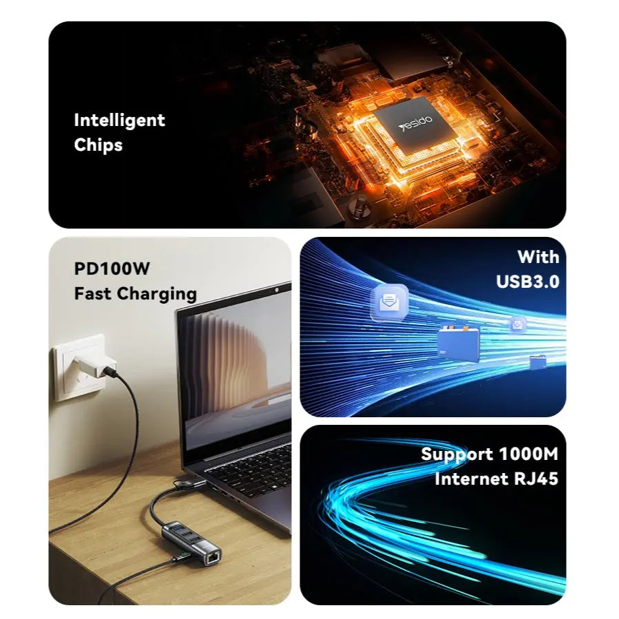 YESIDO 5 in 2 Functional USB Hub 100W PD USB-C Fast Charging Ethernet USB Hub HB21 Tech House Singapore