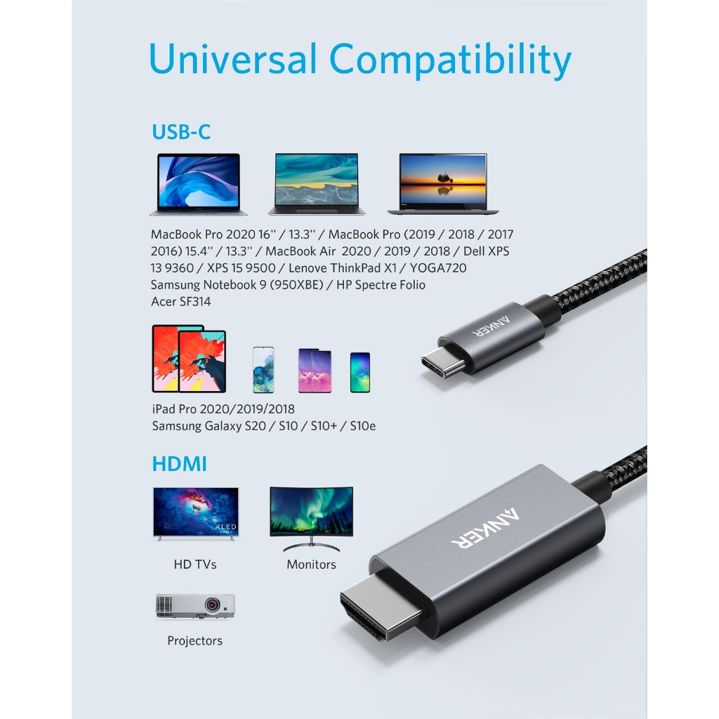 Anker USB-C to HDMI 1.8m / 6ft Nylon Cable 4K 60Hz Adapter Cable A8730 Anker