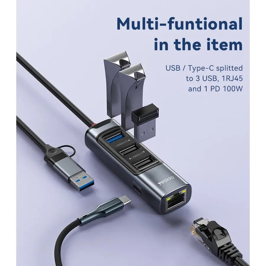 YESIDO 5 in 2 Functional USB Hub 100W PD USB-C Fast Charging Ethernet USB Hub HB21 Tech House Singapore