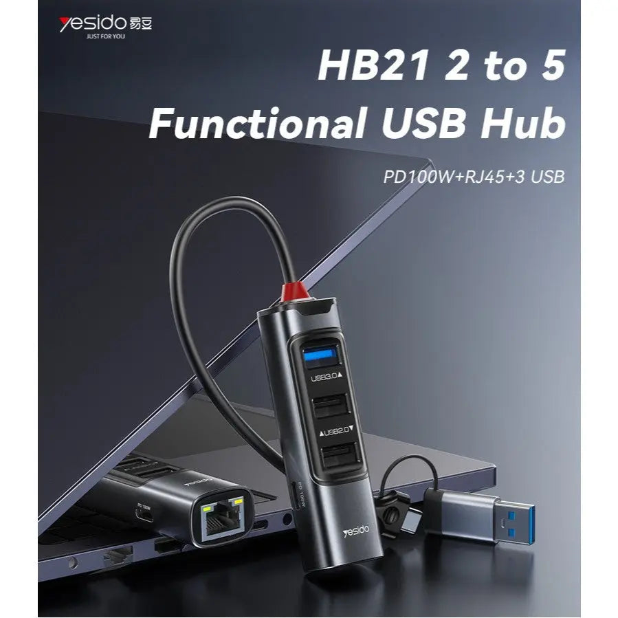 YESIDO 5 in 2 Functional USB Hub 100W PD USB-C Fast Charging Ethernet USB Hub HB21 Tech House Singapore