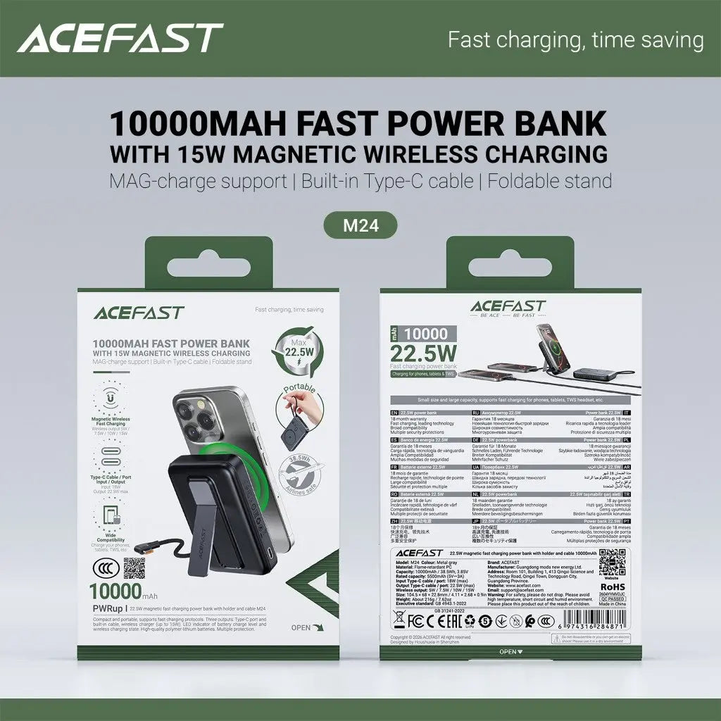 [CCC Power Bank] Acefast 10000mAh Magnetic Wireless Charge Power Bank 22.5W Fast Charging 3C Certified M24 Tech House Singapore