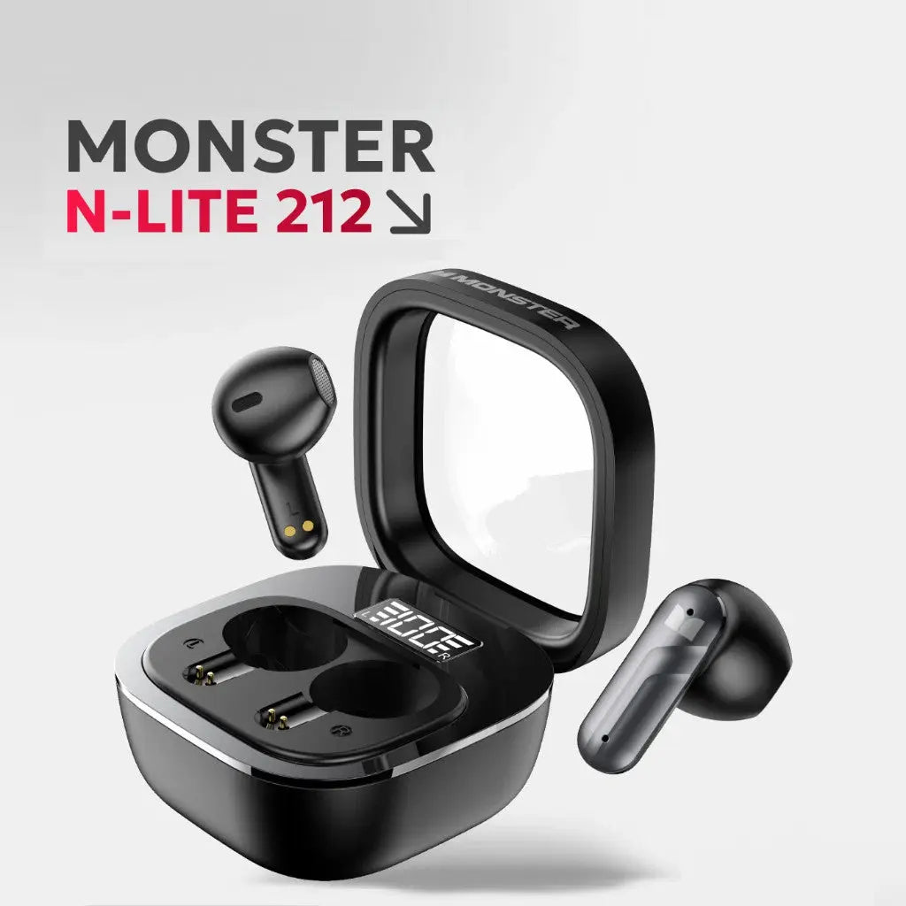 Monster TWS Black N-Lite 212 Wireless Bluetooth 5.3 Headphones 13mm Dynamic Bass Stereo Earbuds 137275 Tech House Singapore
