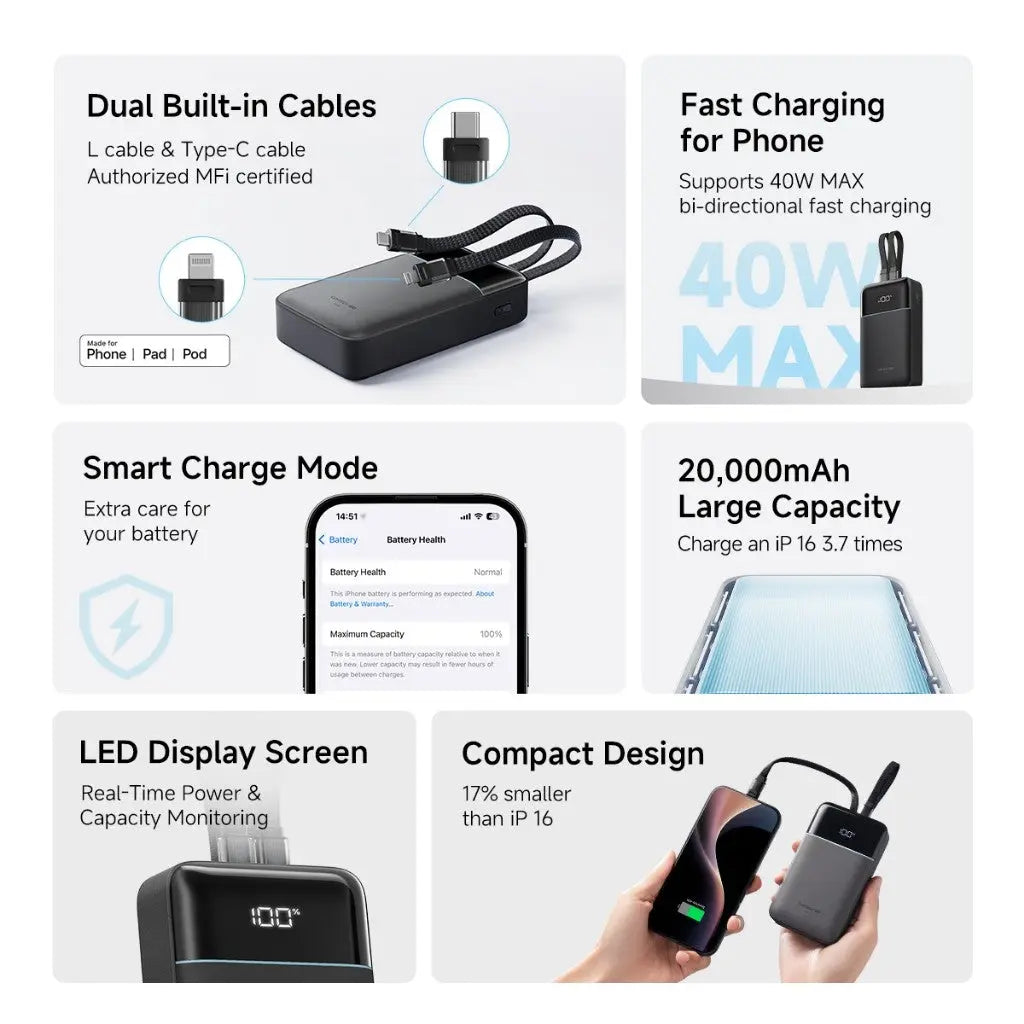 [CCC Power Bank] CUKTECH CP24 Dual Power Bank 20000mAh 40W Fast Charging Built-in Dual Cables Powerbank Portable Charger Tech House Singapore