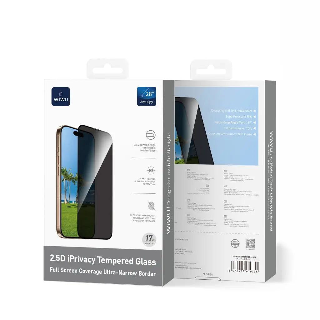 WiWU iPhone Air / iPhone 17 Pro / iPhone 17 Pro Max 2.5D Privacy Glass Screen Protector GT-028 Tech House Singapore