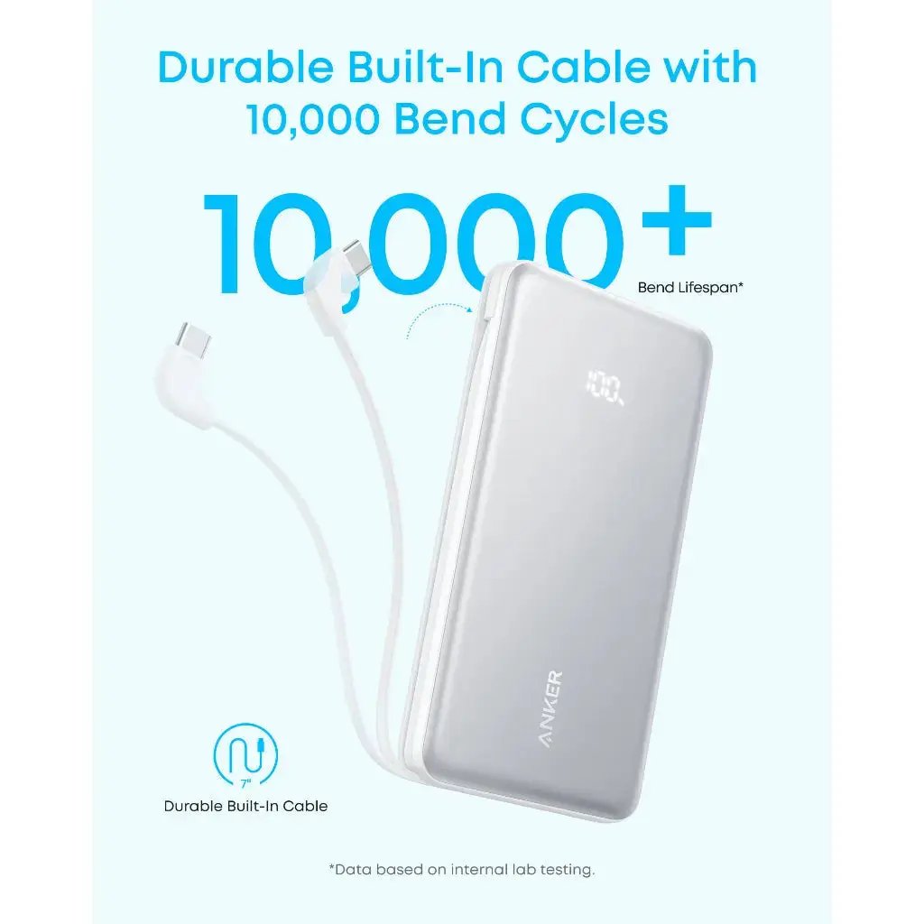 Anker Zolo Power Bank (10K, 22.5W, Built-In USB-C Cable) A110D