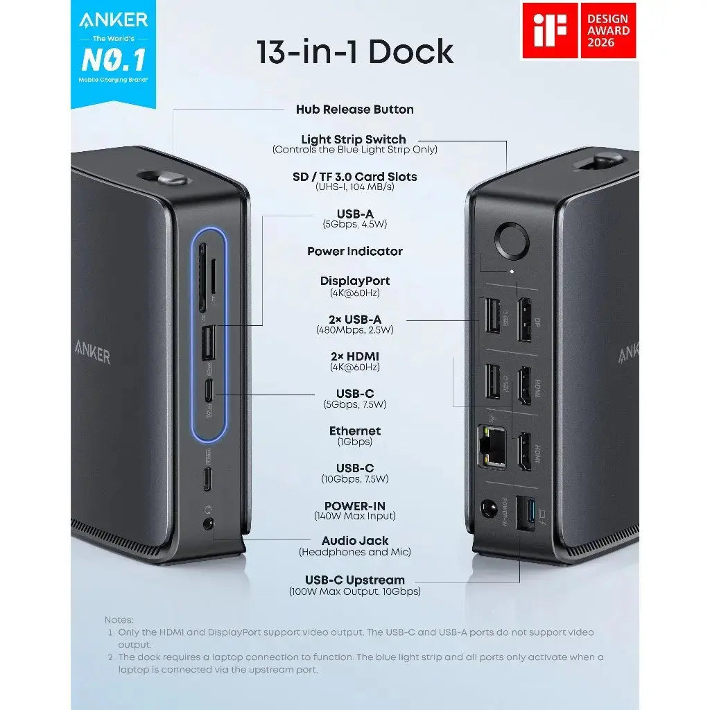 Anker Nano 13-in-1 Docking Station, 4K Triple Display, 100W Fast Charger with Built-In Detachable Hub A83C3 Tech House Singapore