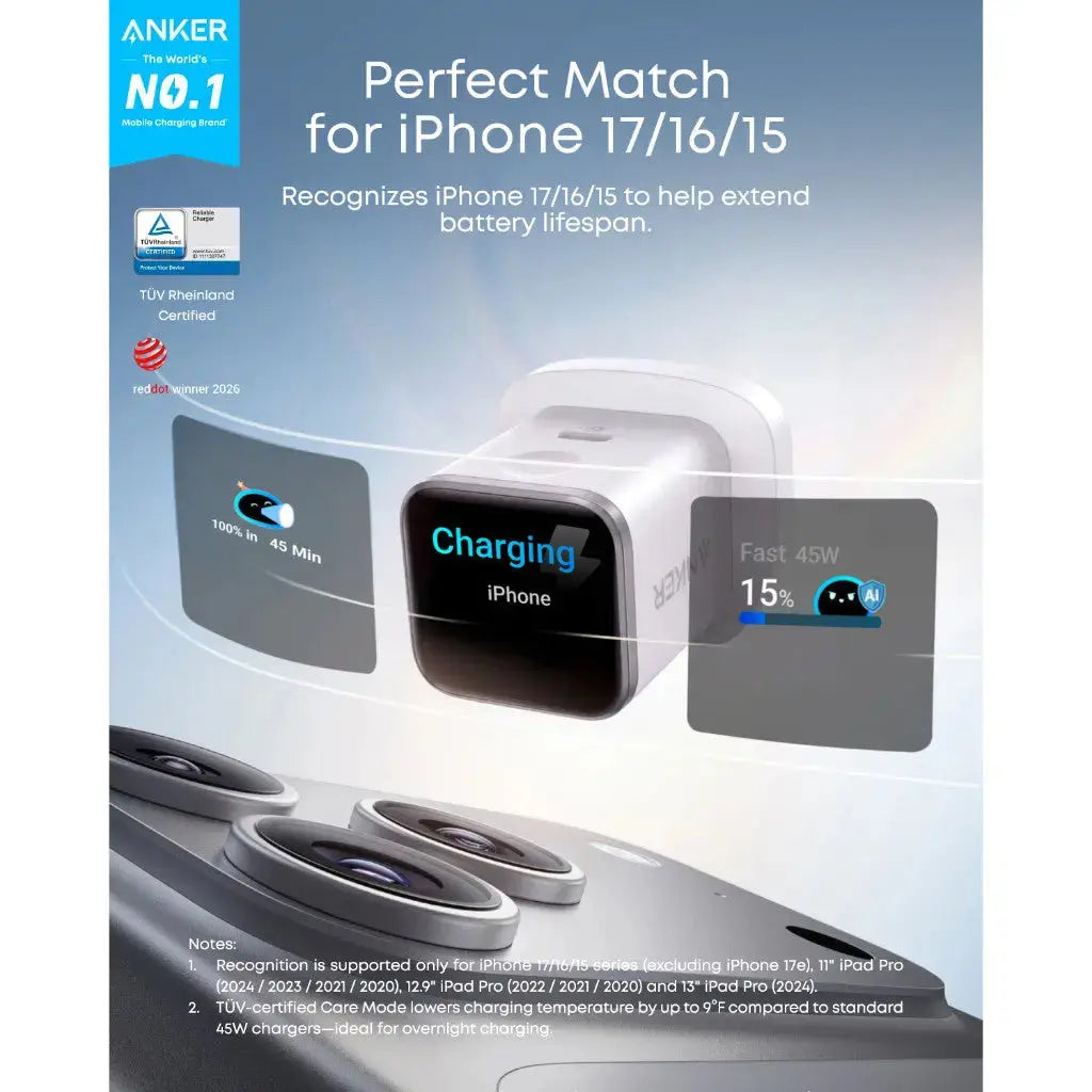 Anker Nano Charger 45W Fast Charging Smart Display Compact USB C Charger A121D Tech House Singapore