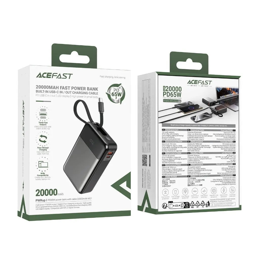 Acefast M21 Power Bank 20000mAh PD 65W Built-In USB C Cable Portable Charger [CCC Certified] Tech House Singapore