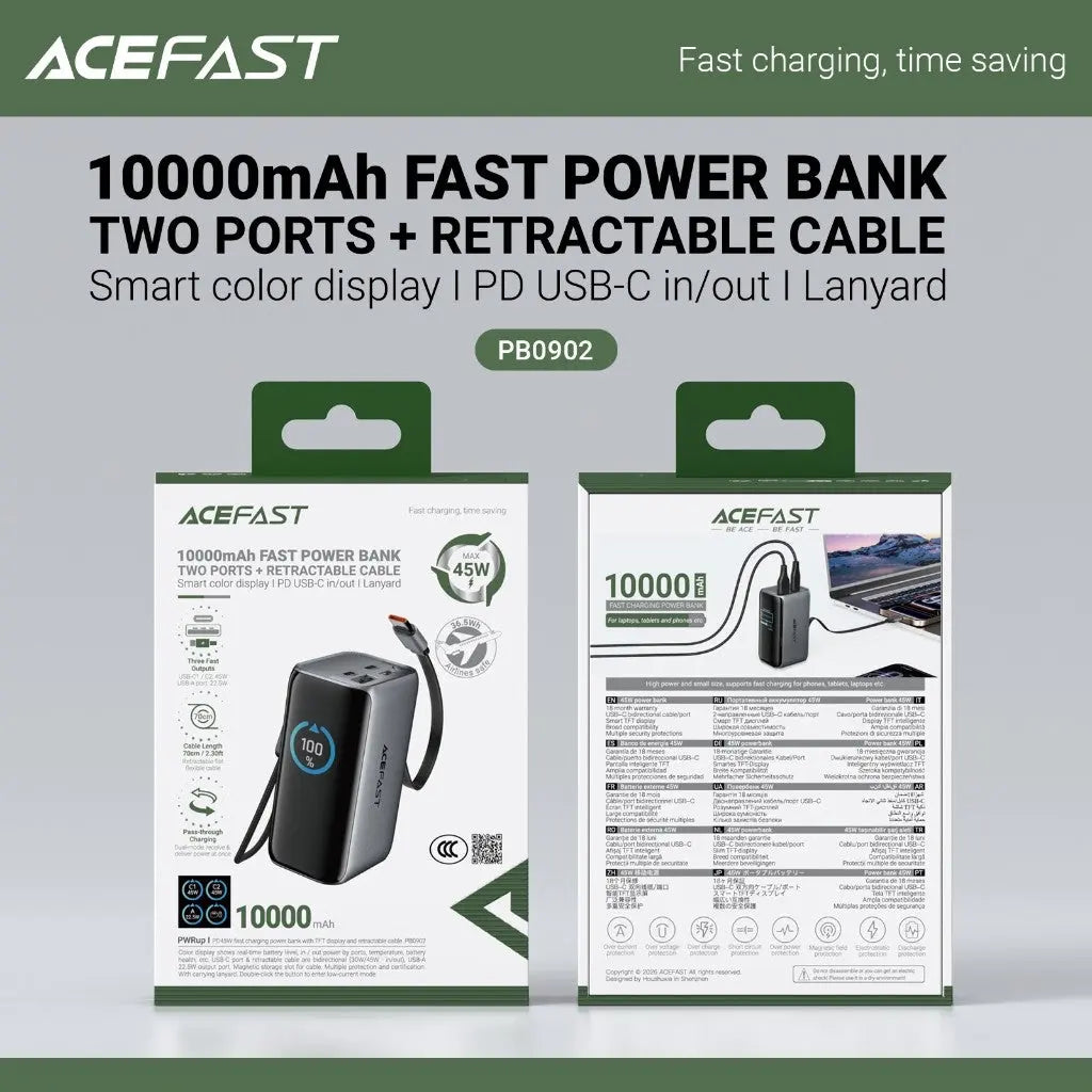 Acefast PB0902 Power Bank 10000mAh PD 45W Built-In Retractable USB C Cable Smart Display [CCC Certified] Tech House Singapore