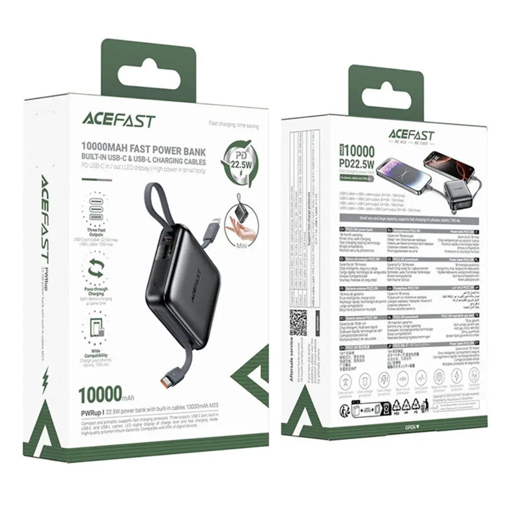 Acefast M23 Power Bank 10000mAh PD 22.5W Built-In Dual USB C and Lightning Cables [CCC Certified] Tech House Singapore