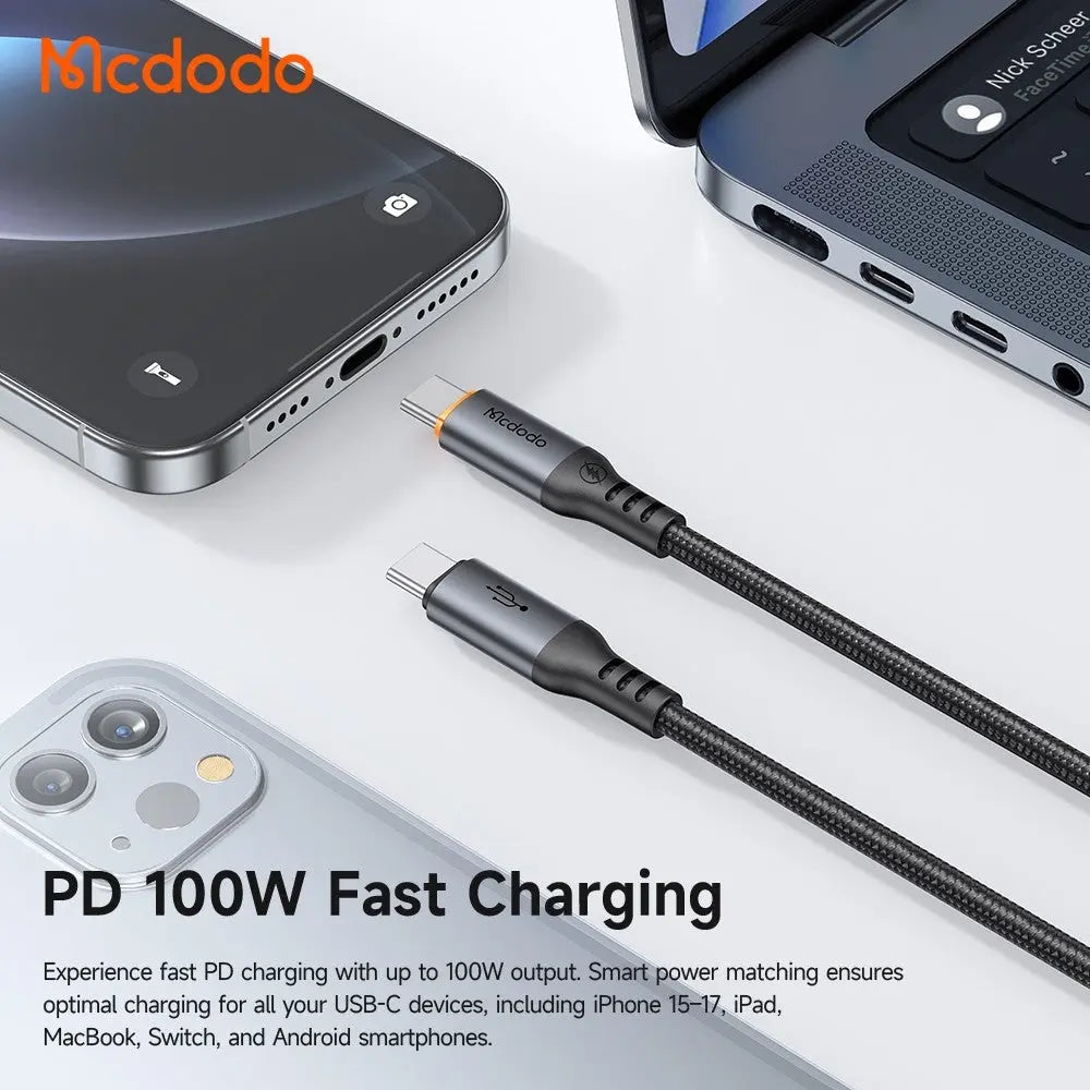 Mcdodo USB-C to USB- C Cable 100W Fast Charging Braided Nylon 1.2m Cable with Smart Auto Power Off CA-2040 Tech House Singapore