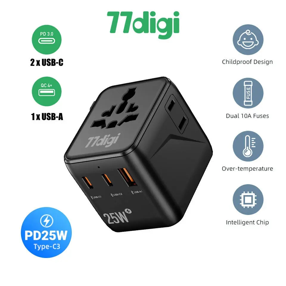77digi 25W 2 Type-C + 1 USB Travel Adapter WWA25 77digi Singapore