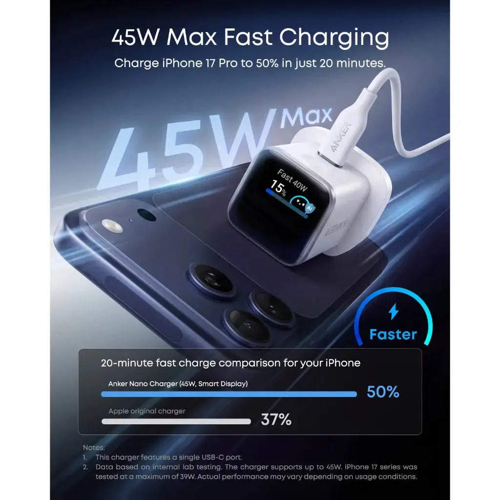 Anker Nano Charger 45W Fast Charging Smart Display Compact USB C Charger A121D Tech House Singapore