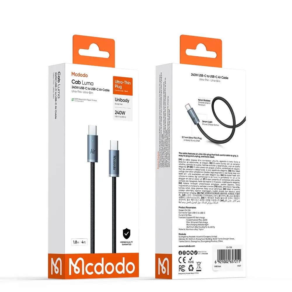 Mcdodo USB-C to USB-C Cable 240W Fast Charging Ultra-Thin Air Cable (1.2M/1.8M) CA-7080/CA-7081 Tech House Singapore