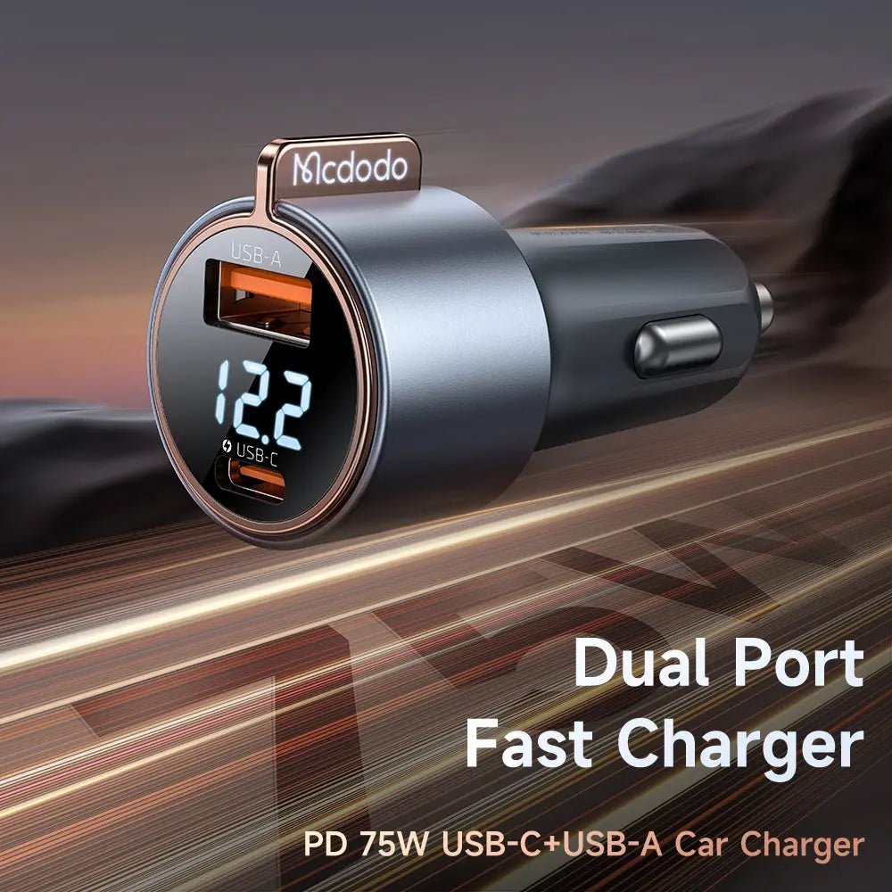 Mcdodo Car Charger PD 75W Fast Charging Dual-Port USB-C and USB-A with Digital Display CC-3690 Tech House Singapore