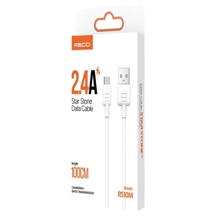 Recci USB A to Micro Cable Usb 2.4A Data Cable 1m White RS10M Tech House Singapore