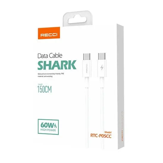 Recci Shark Type-C To Type-C Cable PD 60W Cable 1.5M RTC-P05CC Tech House Singapore