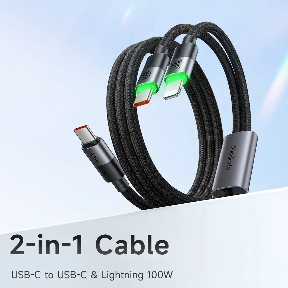 Mcdodo 2-in-1 Cable USB-C to USB-C and L Cable 100W Fast Charging 1.5M with LED Light CA-6700 Tech House Singapore